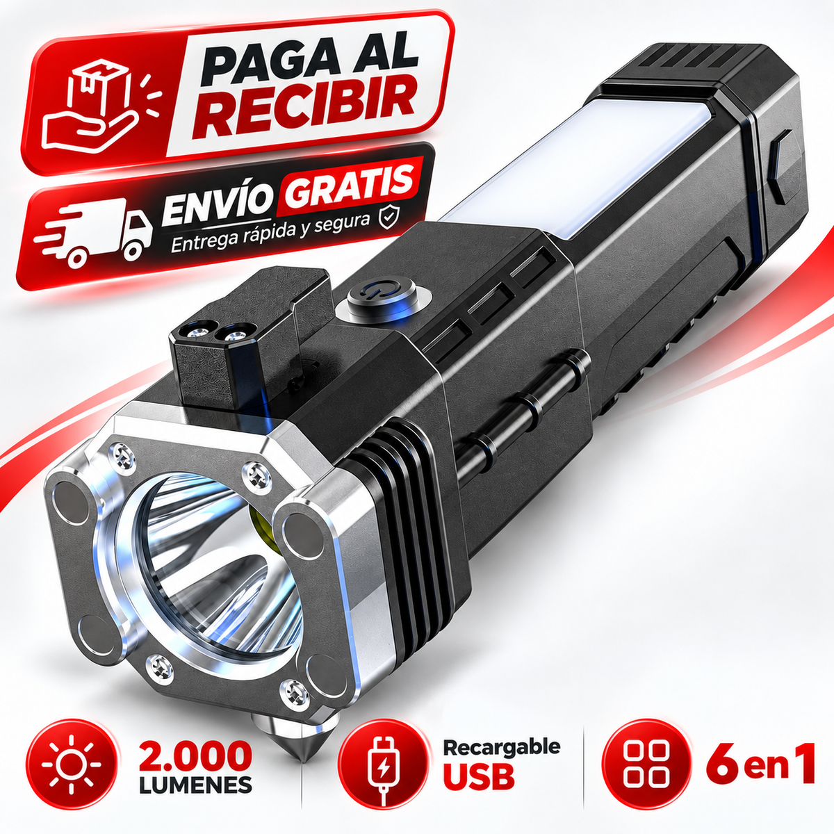 Linterna de Emergencia 6 en 1  – Luz LED, Power Bank y Herramientas de Rescate